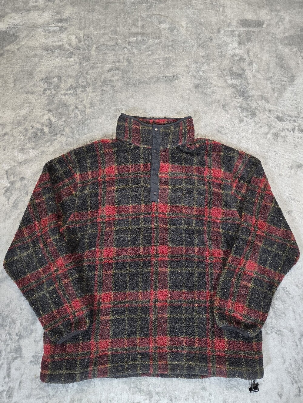Vintage LL Bean Red Plaid Sherpa Snap Button Sweater Size Large